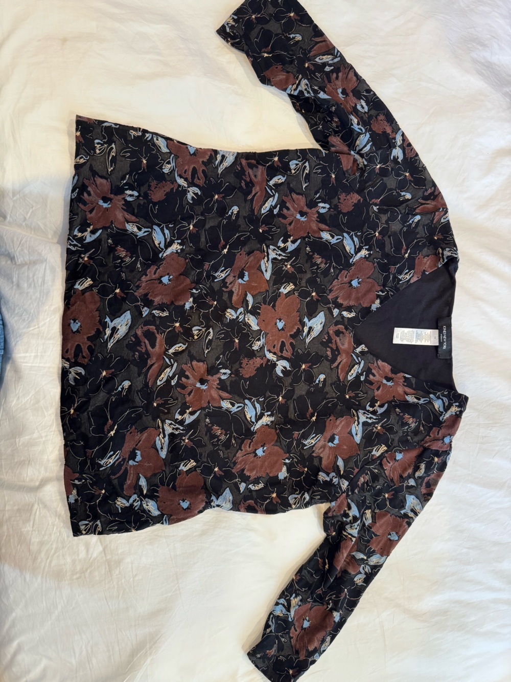 Jones New York Black Floral Blouse with Brown & Blue Accents